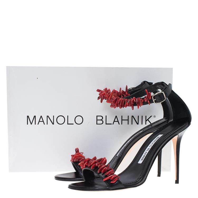 Pre Owned Manolo Blahnik Black Leather Coraletta Beaded Ankle Strap Sandals Size 36.5