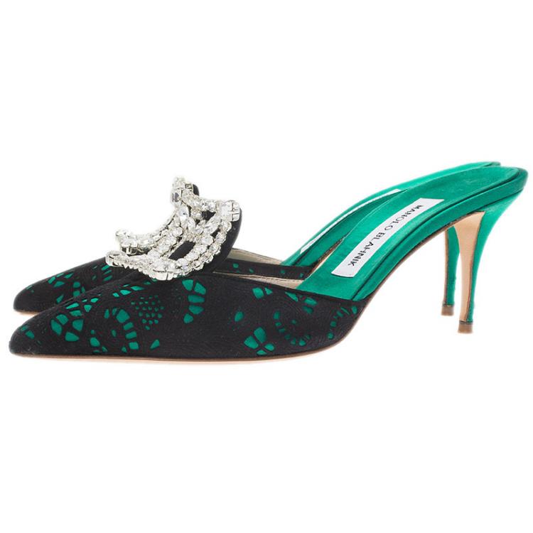 Pre Owned Manolo Blahnik Green Satin and Lace Borli Crystal Embellished Mules Size 38.5