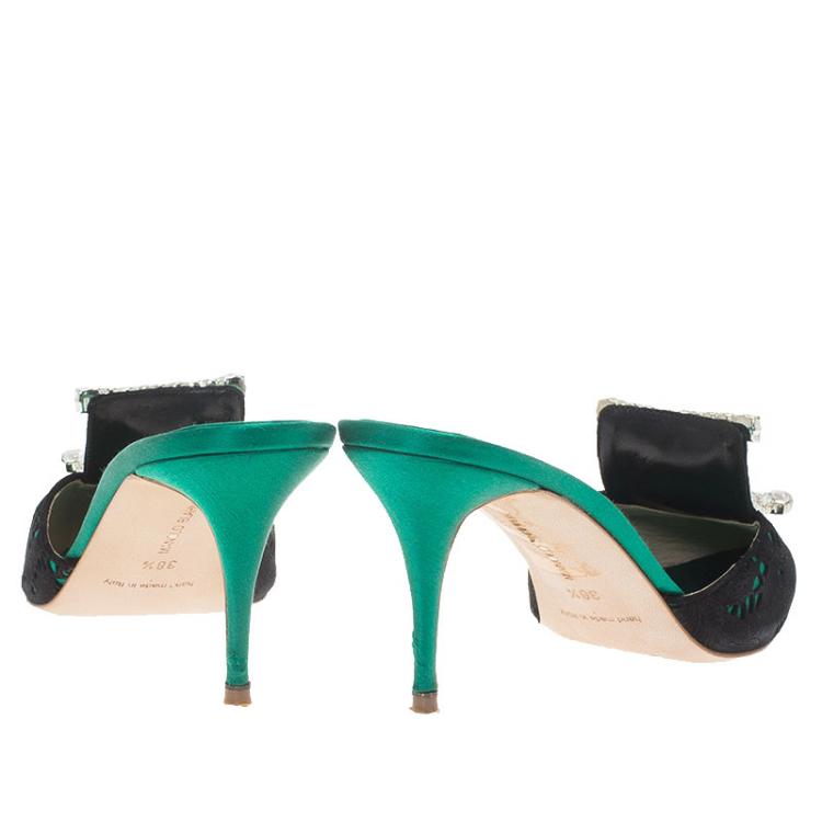 Pre Owned Manolo Blahnik Green Satin and Lace Borli Crystal Embellished Mules Size 38.5