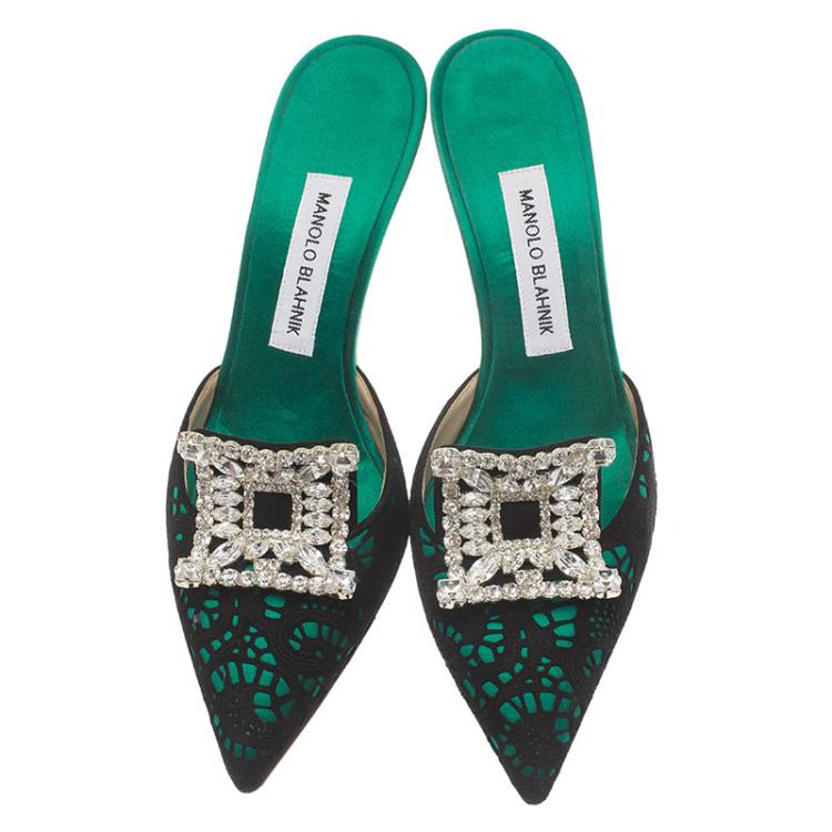Pre Owned Manolo Blahnik Green Satin and Lace Borli Crystal Embellished Mules Size 38.5