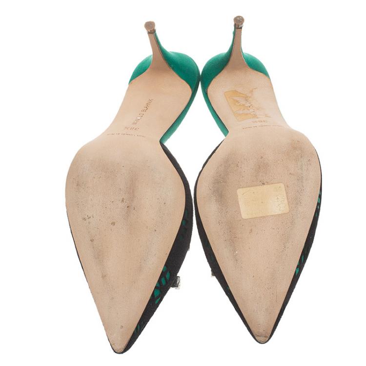 Pre Owned Manolo Blahnik Green Satin and Lace Borli Crystal Embellished Mules Size 38.5