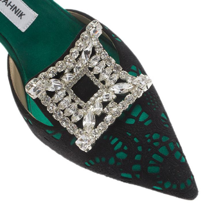 Pre Owned Manolo Blahnik Green Satin and Lace Borli Crystal Embellished Mules Size 38.5