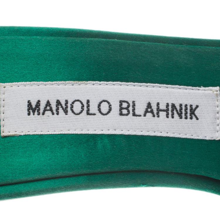 Pre Owned Manolo Blahnik Green Satin and Lace Borli Crystal Embellished Mules Size 38.5