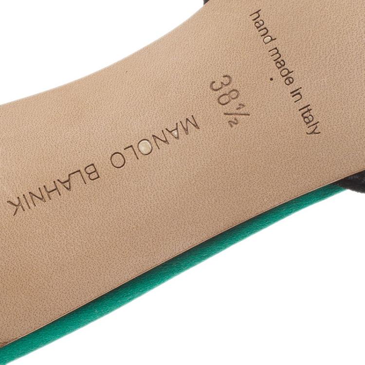 Pre Owned Manolo Blahnik Green Satin and Lace Borli Crystal Embellished Mules Size 38.5