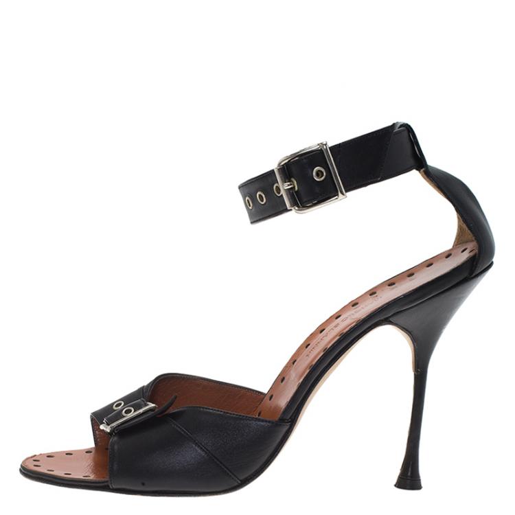 Pre Owned Manolo Blahnik Black Leather Carostich Ankle Strap Sandals Size 40