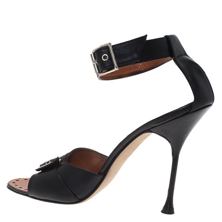 Pre Owned Manolo Blahnik Black Leather Carostich Ankle Strap Sandals Size 40