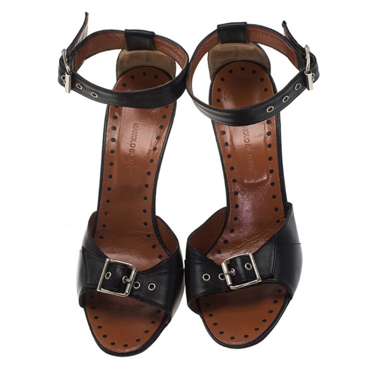 Pre Owned Manolo Blahnik Black Leather Carostich Ankle Strap Sandals Size 40