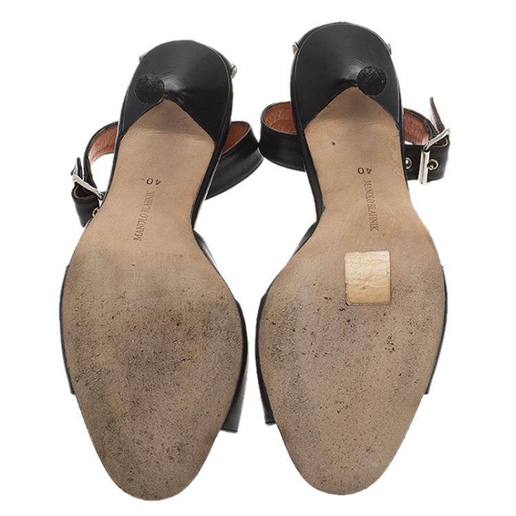 Pre Owned Manolo Blahnik Black Leather Carostich Ankle Strap Sandals Size 40