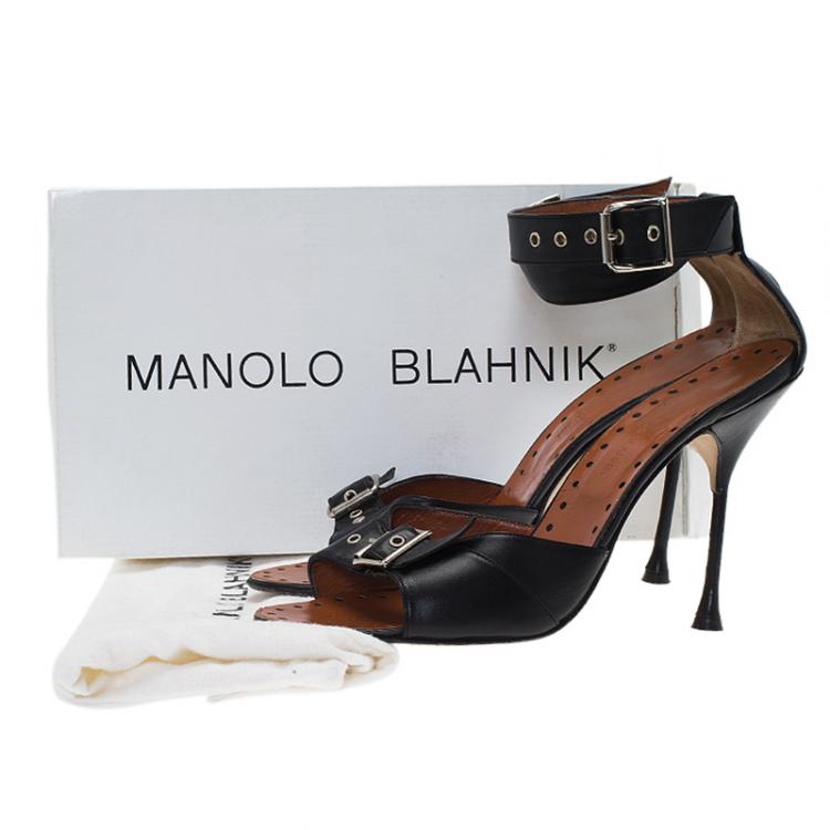 Pre Owned Manolo Blahnik Black Leather Carostich Ankle Strap Sandals Size 40