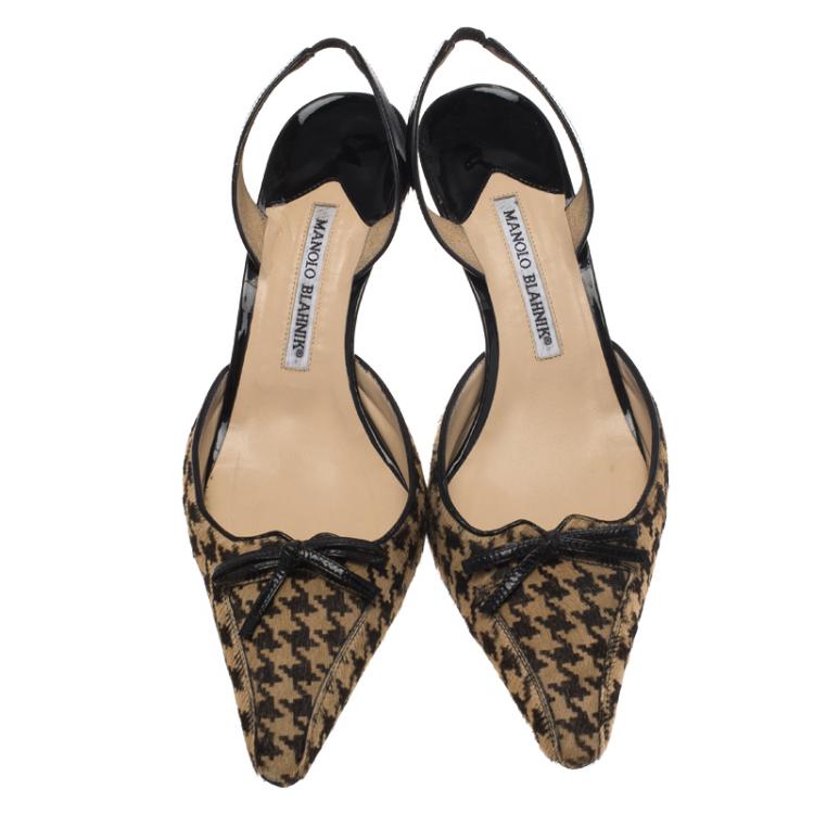 Pre Owned Manolo Blahnik Black Leather and Houndstooth Print Calf Hair Slingback Sandals Size 39.5