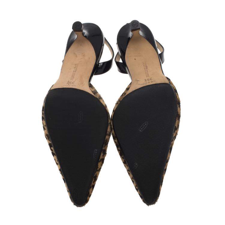 Pre Owned Manolo Blahnik Black Leather and Houndstooth Print Calf Hair Slingback Sandals Size 39.5