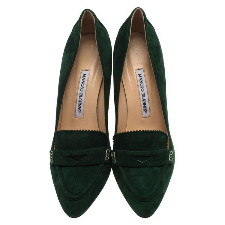 Pre Owned Manolo Blahnik Green Suede Loafer Pumps Size 39