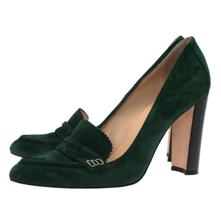 Pre Owned Manolo Blahnik Green Suede Loafer Pumps Size 39