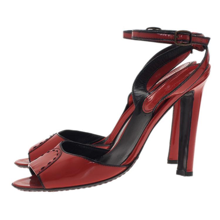 Pre Owned Manolo Blahnik Red Patent Leather Ankle Strap Sandals Size 37.5