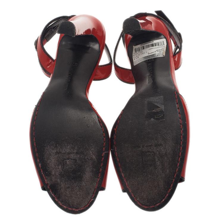 Pre Owned Manolo Blahnik Red Patent Leather Ankle Strap Sandals Size 37.5