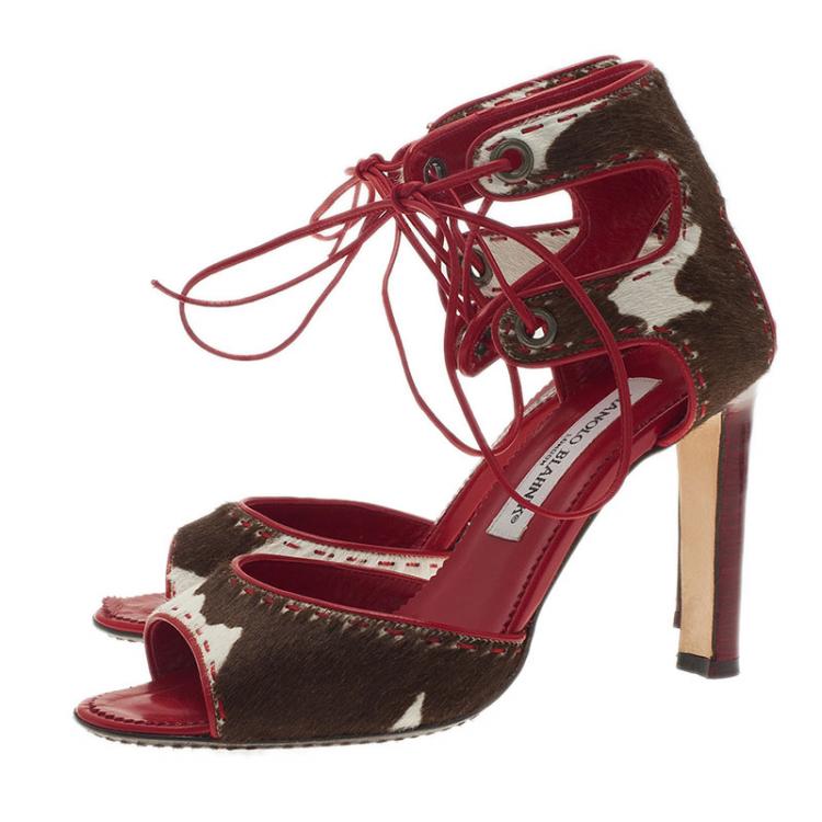 Pre Owned Manolo Blahnik Red and Brown Pony Hair Lace-Up Sandals Size 37