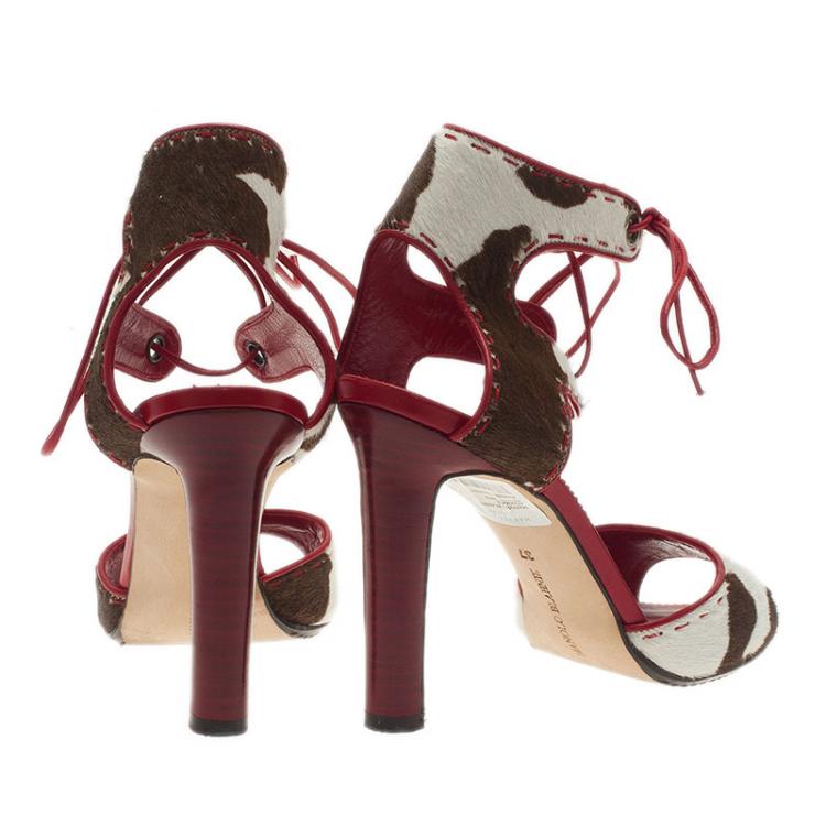 Pre Owned Manolo Blahnik Red and Brown Pony Hair Lace-Up Sandals Size 37