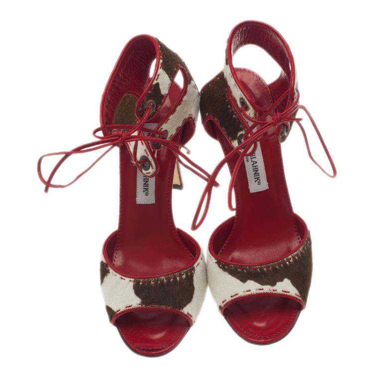 Pre Owned Manolo Blahnik Red and Brown Pony Hair Lace-Up Sandals Size 37