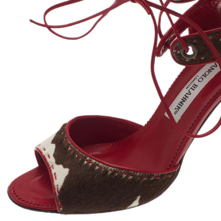 Pre Owned Manolo Blahnik Red and Brown Pony Hair Lace-Up Sandals Size 37