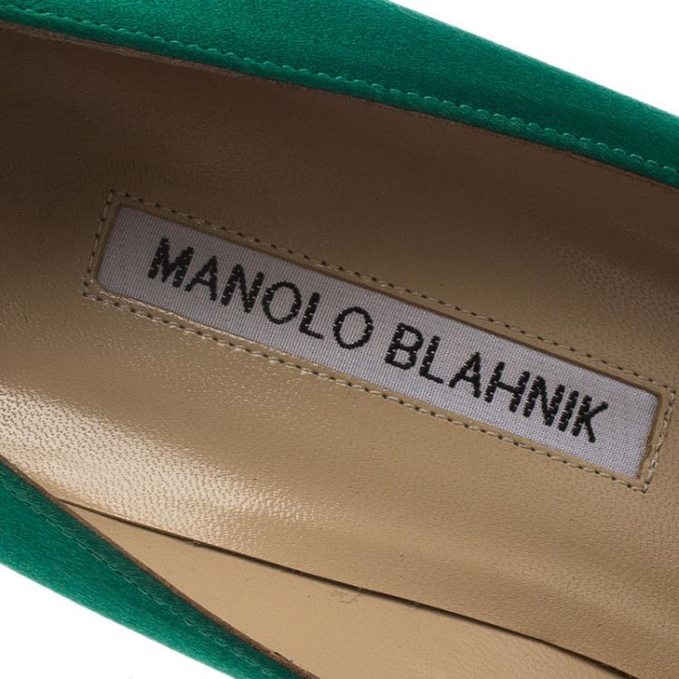 Pre Owned Manolo Blahnik Green Satin Hangisi Embellished Pumps Size 37.5