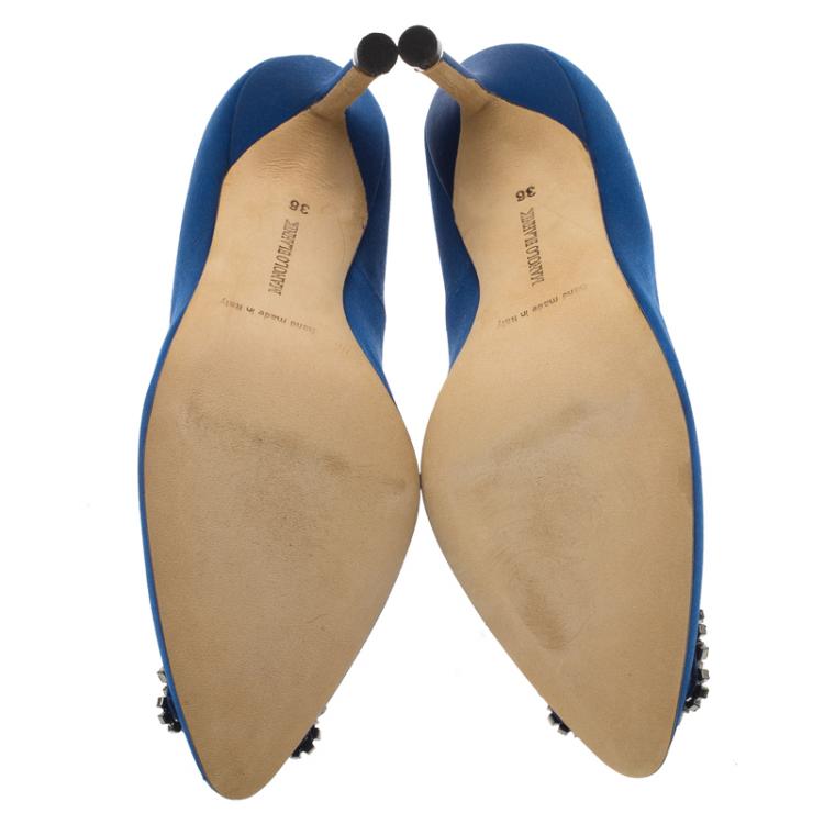 Pre Owned Manolo Blahnik Blue Embellished Satin Hangisi Pumps Size 36