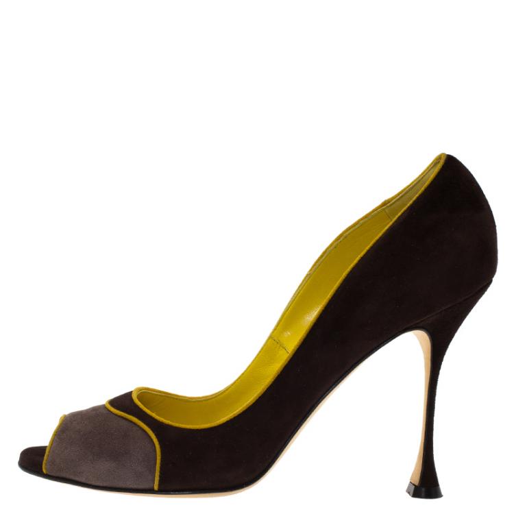 Pre Owned Manolo Blahnik Two Tone Suede Cabruna Peep Toe Pumps Size 39.5