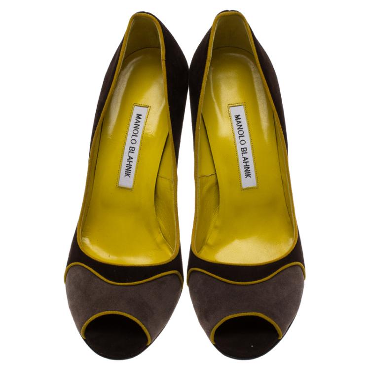 Pre Owned Manolo Blahnik Two Tone Suede Cabruna Peep Toe Pumps Size 39.5