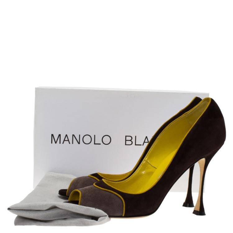 Pre Owned Manolo Blahnik Two Tone Suede Cabruna Peep Toe Pumps Size 39.5