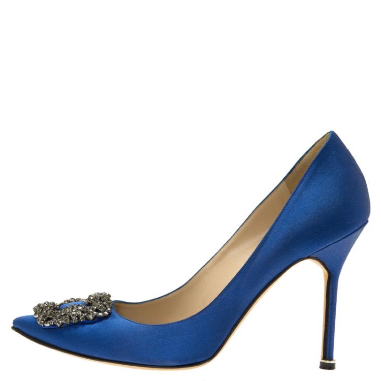 Pre Owned Manolo Blahnik Blue Embellished Satin Hangisi Pumps Size 39.5
