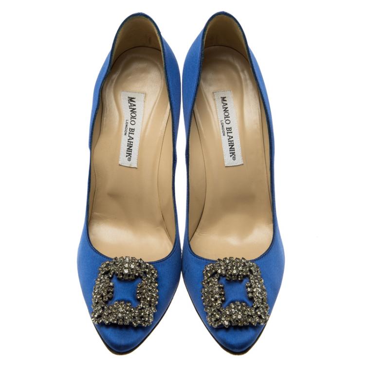 Pre Owned Manolo Blahnik Blue Embellished Satin Hangisi Pumps Size 39.5