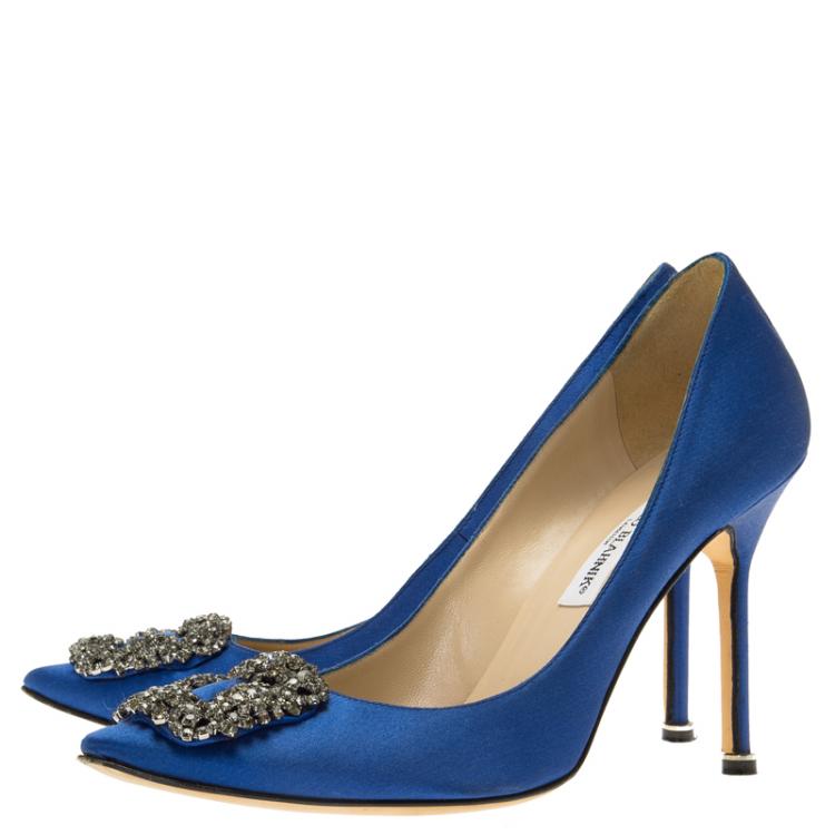 Pre Owned Manolo Blahnik Blue Embellished Satin Hangisi Pumps Size 39.5