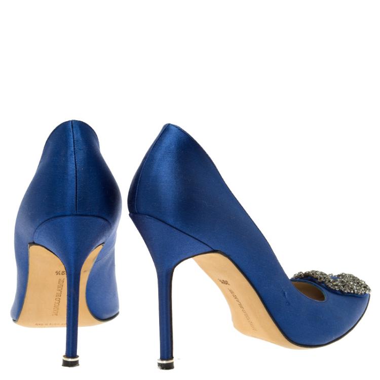 Pre Owned Manolo Blahnik Blue Embellished Satin Hangisi Pumps Size 39.5