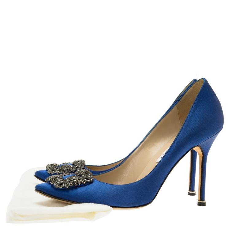 Pre Owned Manolo Blahnik Blue Embellished Satin Hangisi Pumps Size 39.5