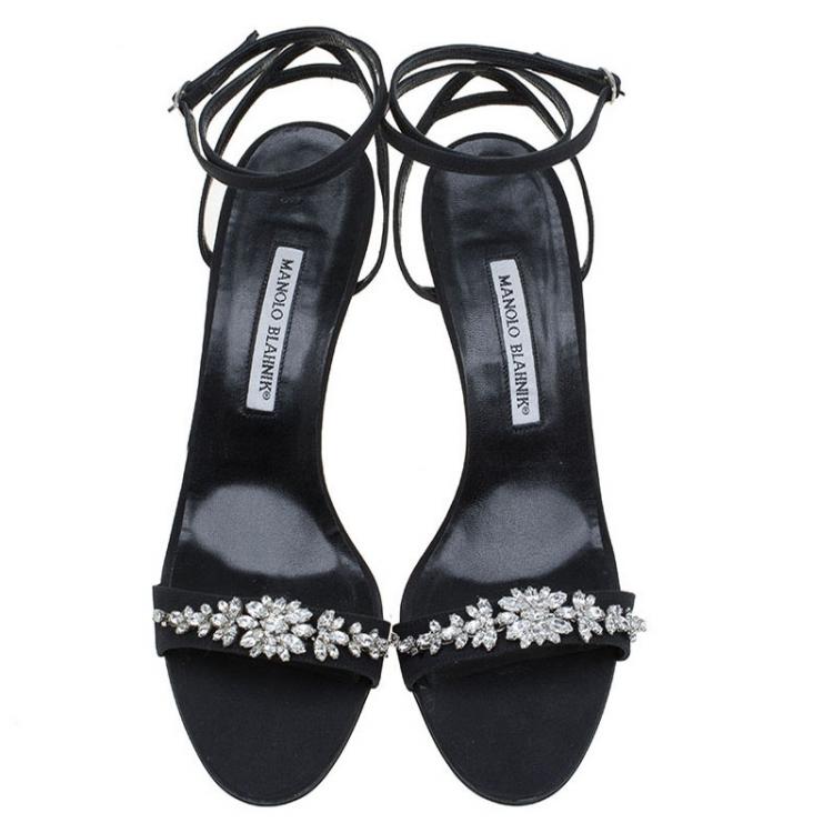 Pre Owned Manolo Blahnik Black Crystal Embellished Satin Ankle Strap Sandals Size 40