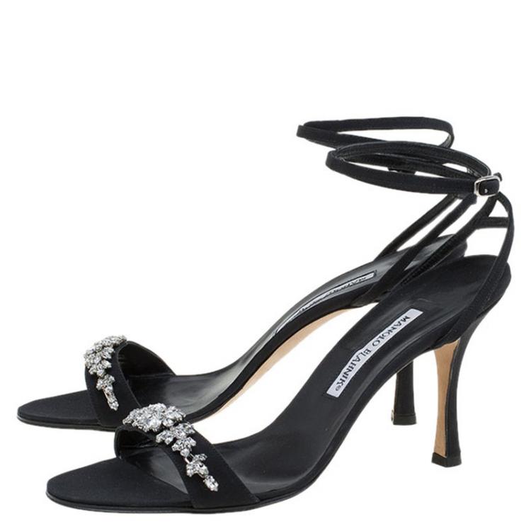 Pre Owned Manolo Blahnik Black Crystal Embellished Satin Ankle Strap Sandals Size 40