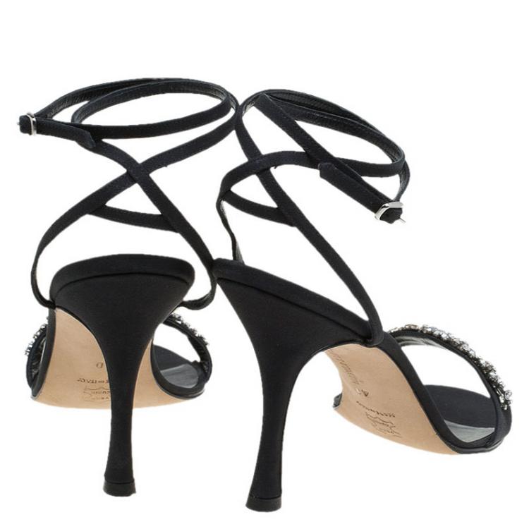 Pre Owned Manolo Blahnik Black Crystal Embellished Satin Ankle Strap Sandals Size 40