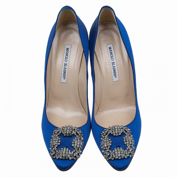 Pre Owned Manolo Blahnik Blue Embellished Satin Hangisi Pumps Size 39