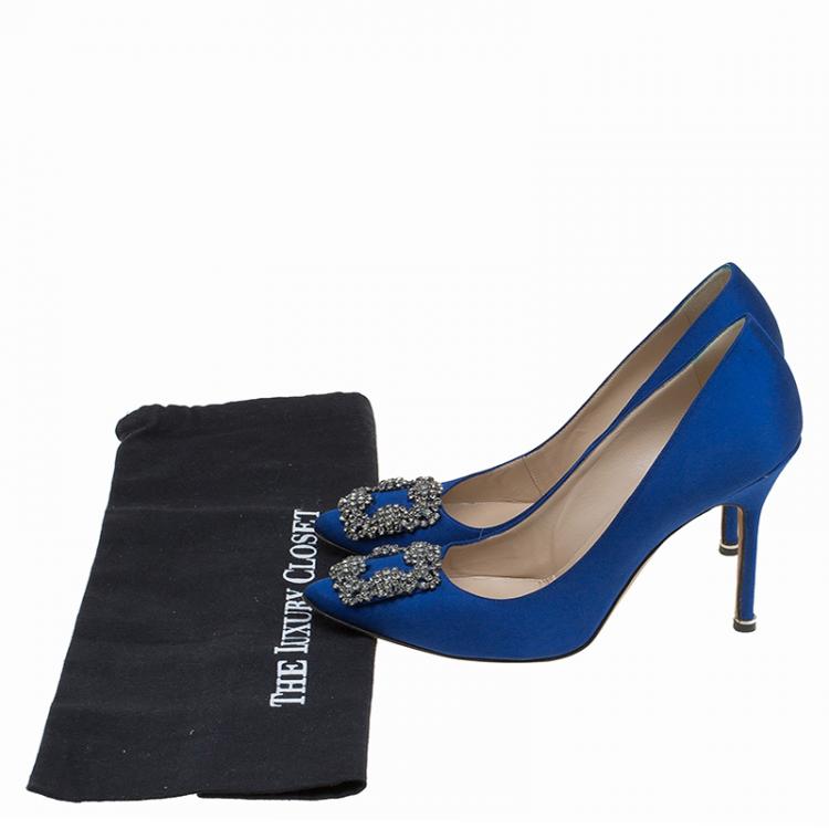 Pre Owned Manolo Blahnik Blue Embellished Satin Hangisi Pumps Size 39