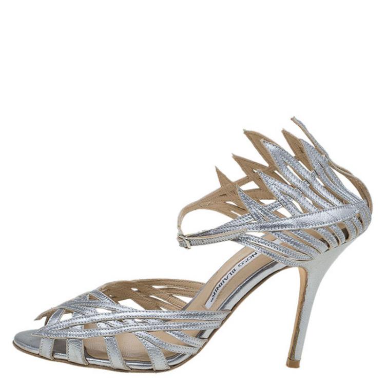 Pre Owned Manolo Blahnik Metallic Silver Strappy Sandals Size 37