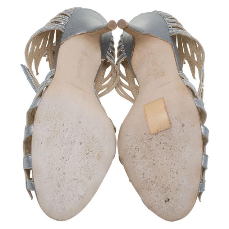 Pre Owned Manolo Blahnik Metallic Silver Strappy Sandals Size 37