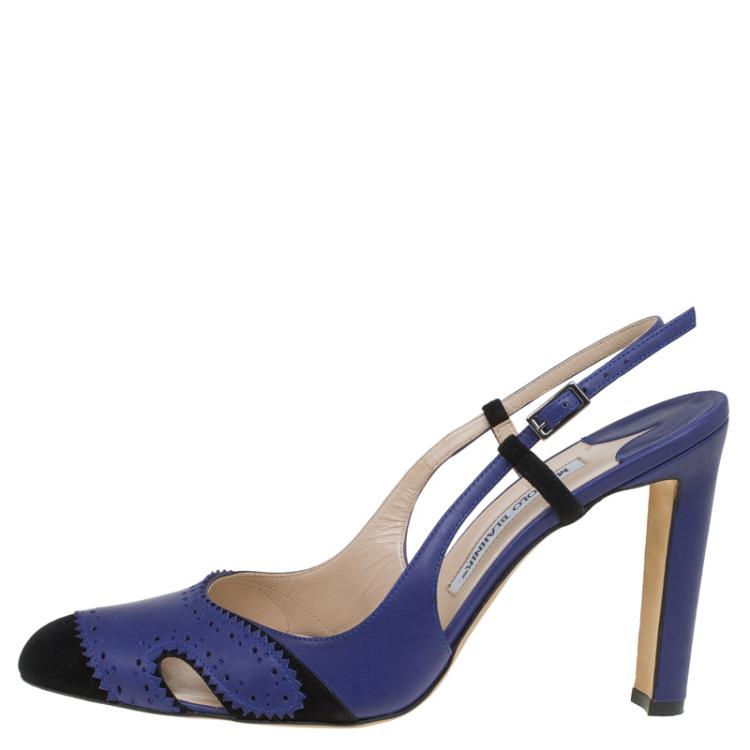 Pre Owned Manolo Blahnik Blue Leather and Black Suede Cap Toe Barrie Spectator Slingback Sandals Size 39.5