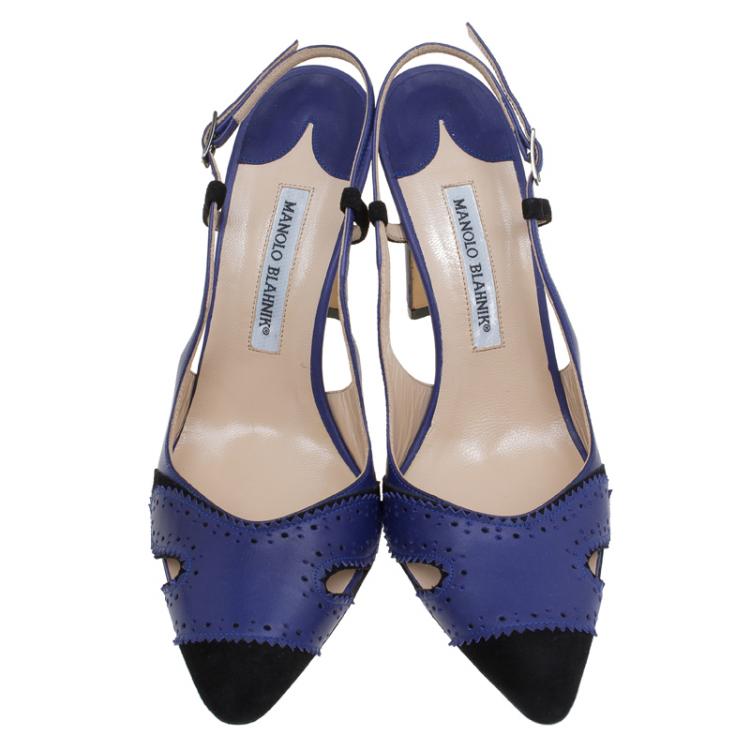 Pre Owned Manolo Blahnik Blue Leather and Black Suede Cap Toe Barrie Spectator Slingback Sandals Size 39.5