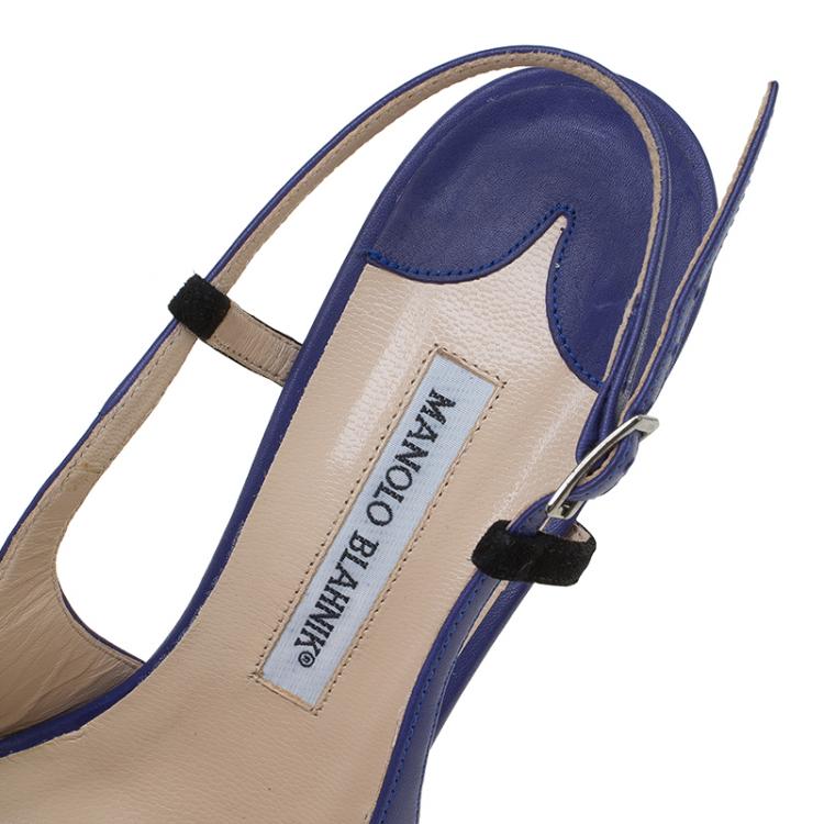 Pre Owned Manolo Blahnik Blue Leather and Black Suede Cap Toe Barrie Spectator Slingback Sandals Size 39.5