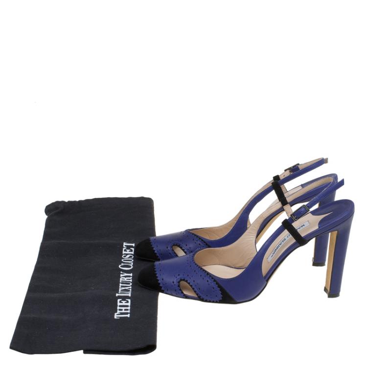 Pre Owned Manolo Blahnik Blue Leather and Black Suede Cap Toe Barrie Spectator Slingback Sandals Size 39.5