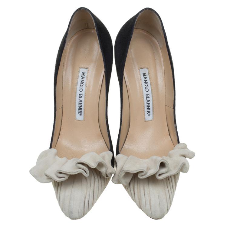 Pre Owned Manolo Blahnik Black and Beige Suede Arleti  Frill Detail Pumps Size 36