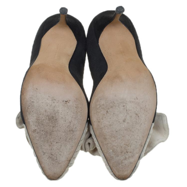Pre Owned Manolo Blahnik Black and Beige Suede Arleti  Frill Detail Pumps Size 36