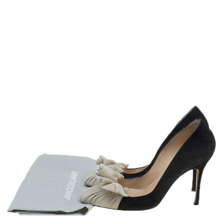 Pre Owned Manolo Blahnik Black and Beige Suede Arleti  Frill Detail Pumps Size 36
