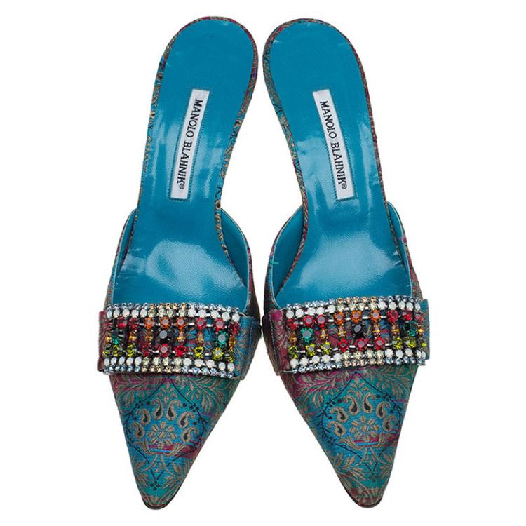 Pre Owned Manolo Blahnik Multicolor Embellished Brocade Pointed Toe Mules Size 41