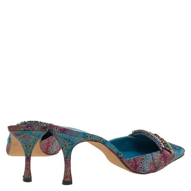 Pre Owned Manolo Blahnik Multicolor Embellished Brocade Pointed Toe Mules Size 41