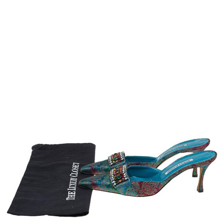 Pre Owned Manolo Blahnik Multicolor Embellished Brocade Pointed Toe Mules Size 41